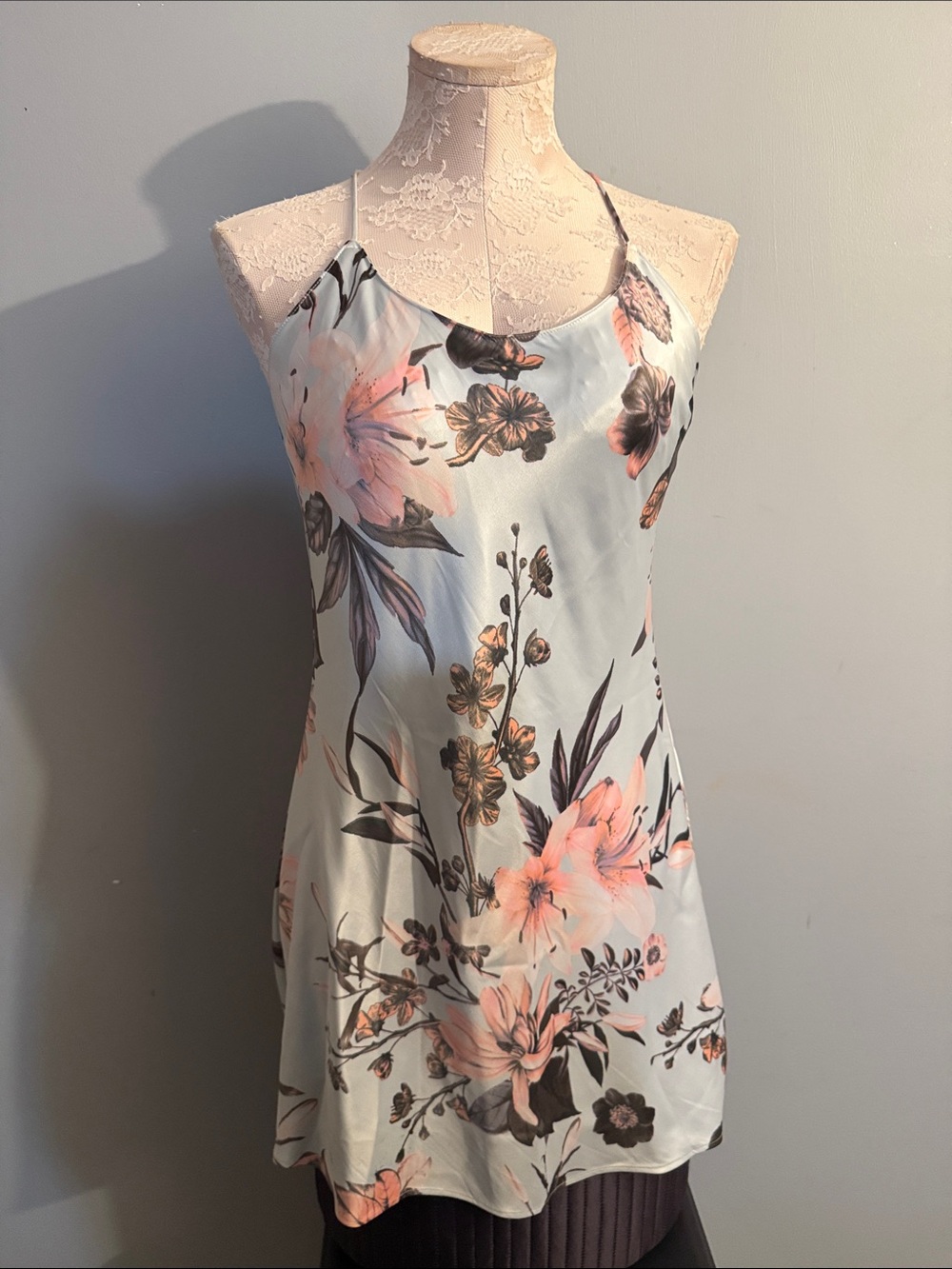 Victoria's Secret Pale Blue Satin Floral Chemise with Peach Blossoms